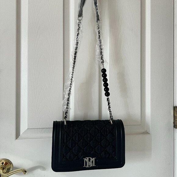 NWT Badgley Mischka Quilted & Beaded Denim Shoulder Bag - Picture 1 of 10